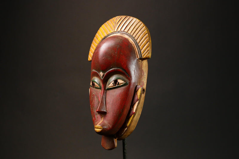 African Antique Red Guro Baule Mask Hand-Carved Wooden African Wall Art & Cultural Decor Unique Ethnic Art Piece for Home Decor - G3157