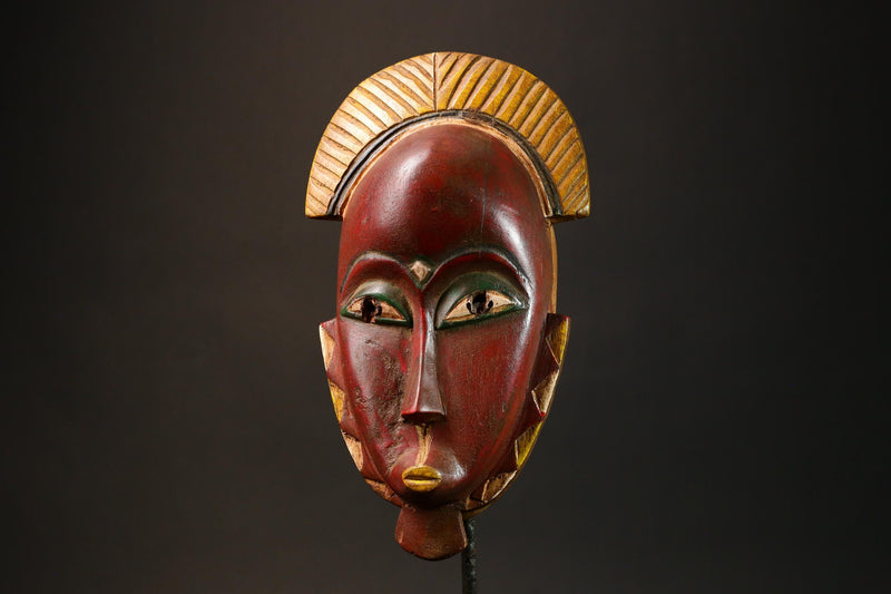 African Antique Red Guro Baule Mask Hand-Carved Wooden African Wall Art & Cultural Decor Unique Ethnic Art Piece for Home Decor - G3157