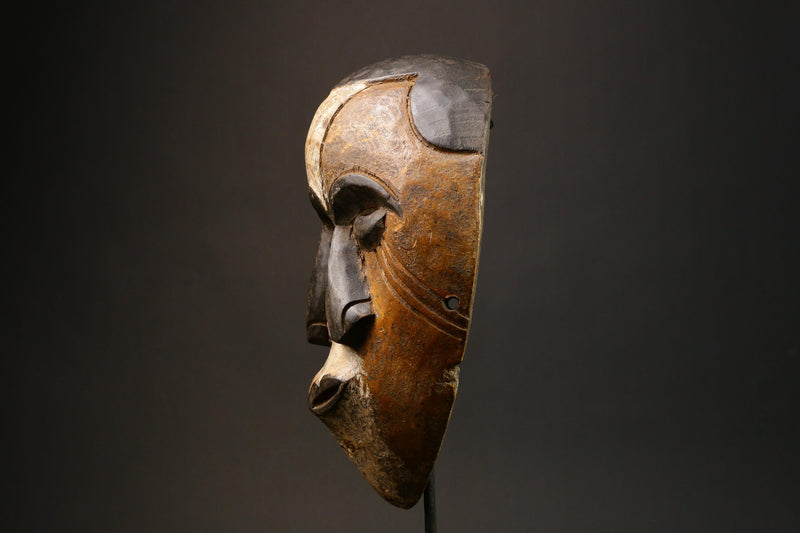 African Authentic Triple Faces Mask - Hand-Carved Wooden Lega Lengola Wall Decor from the DR Congo - Unique Ethnic Art Piece - G3152