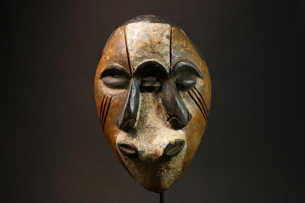 African Authentic Triple Faces Mask - Hand-Carved Wooden Lega Lengola Wall Decor from the DR Congo - Unique Ethnic Art Piece - G3152