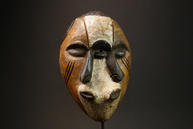 African Authentic Triple Faces Mask - Hand-Carved Wooden Lega Lengola Wall Decor from the DR Congo - Unique Ethnic Art Piece - G3152