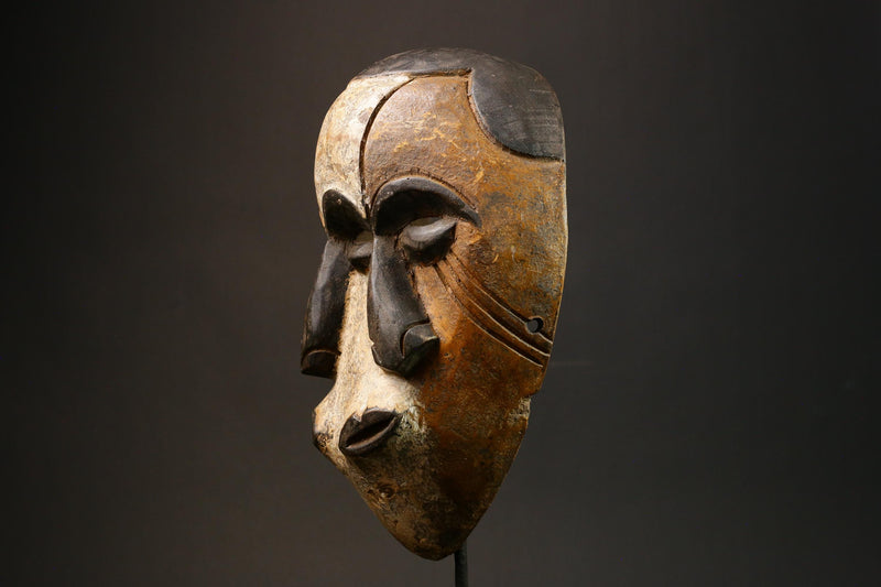 African Authentic Triple Faces Mask - Hand-Carved Wooden Lega Lengola Wall Decor from the DR Congo - Unique Ethnic Art Piece - G3152