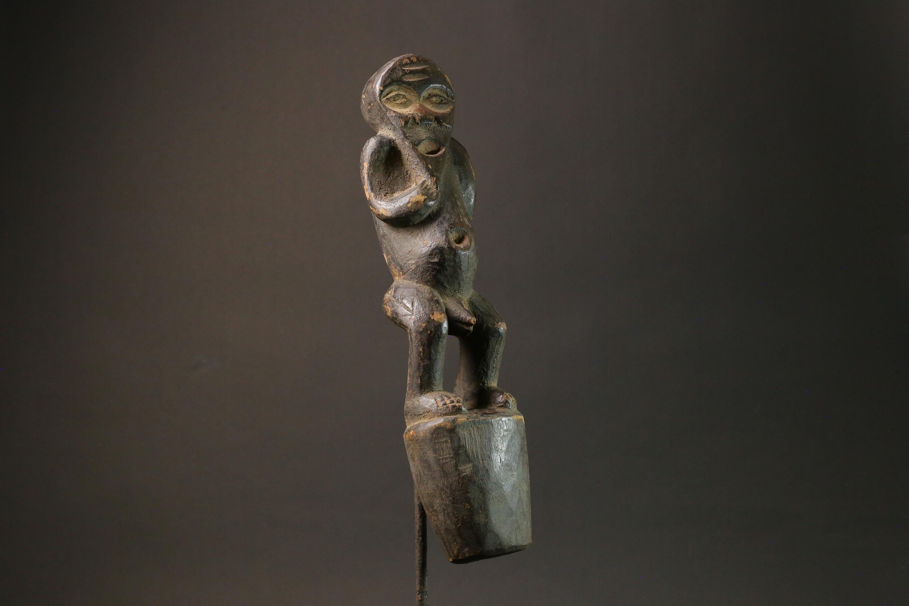 Handcrafted African Tribal Wood Carved Mask with Metal Underlining and Scarifications-7514