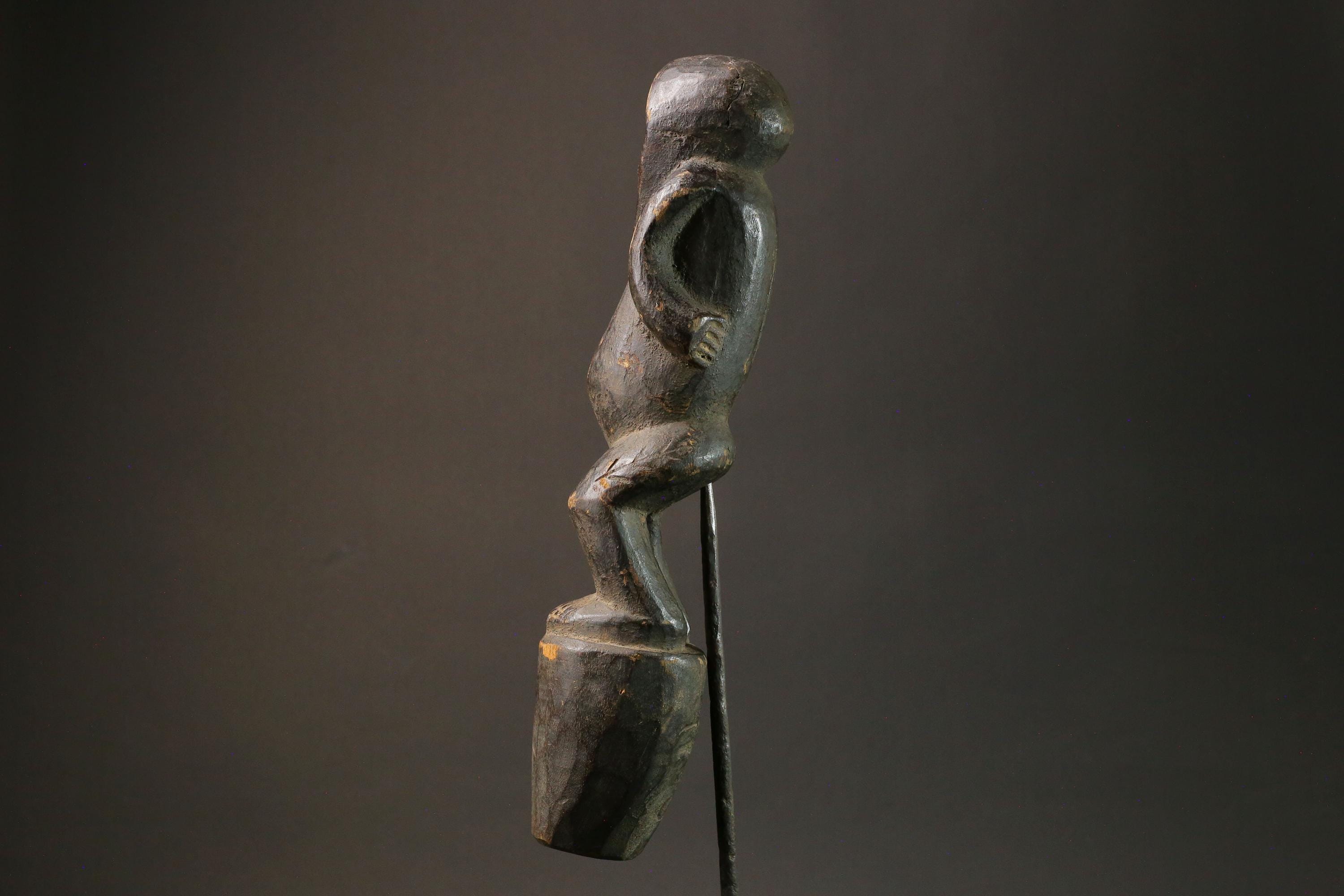 Handcrafted African Tribal Wood Carved Mask with Metal Underlining and Scarifications-7514