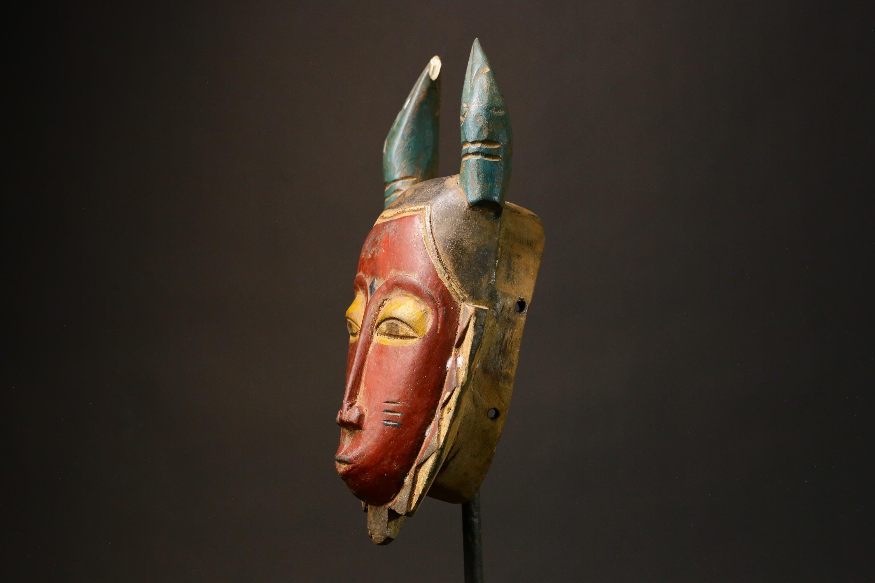African Wooden Baule Goli Mask Unique Tribal Art Decorative Ritual Mask Collectible Wall Decor Home Accent Gift -9236