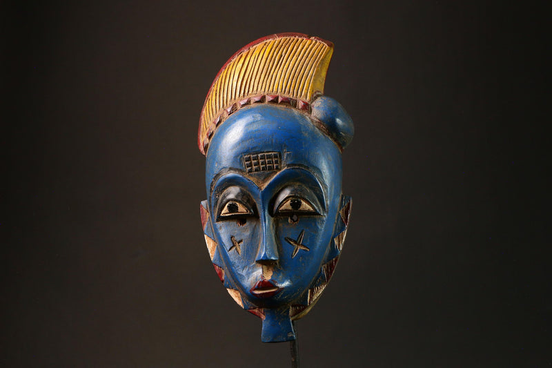 African Blue Carved Baule Mask African Wooden Wall Hanging Unique Art Home Decor G3196