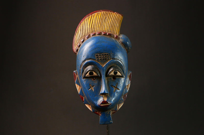 African Blue Carved Baule Mask African Wooden Wall Hanging Unique Art Home Decor G3196