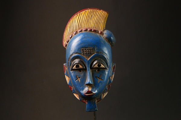 African Blue Carved Baule Mask African Wooden Wall Hanging Unique Art Home Decor G3196