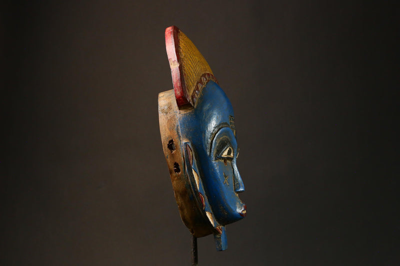 African Blue Carved Baule Mask African Wooden Wall Hanging Unique Art Home Decor G3196