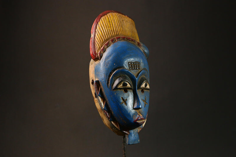 African Blue Carved Baule Mask African Wooden Wall Hanging Unique Art Home Decor G3196