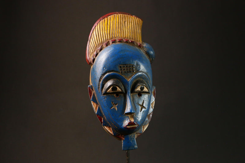 African Blue Carved Baule Mask African Wooden Wall Hanging Unique Art Home Decor G3196