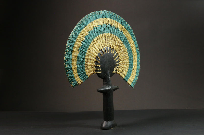 African Statue Colorful Handmade Rattan Fan Tribal Art Wooden Carved Statue-7653