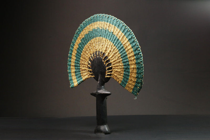 African Statue Colorful Handmade Rattan Fan Tribal Art Wooden Carved Statue-7653