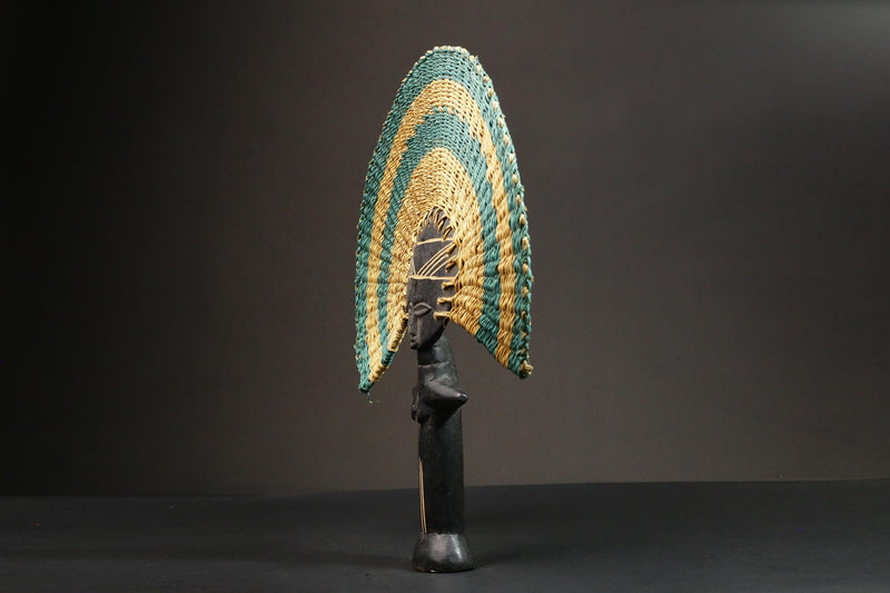 African Statue Colorful Handmade Rattan Fan Tribal Art Wooden Carved Statue-7653