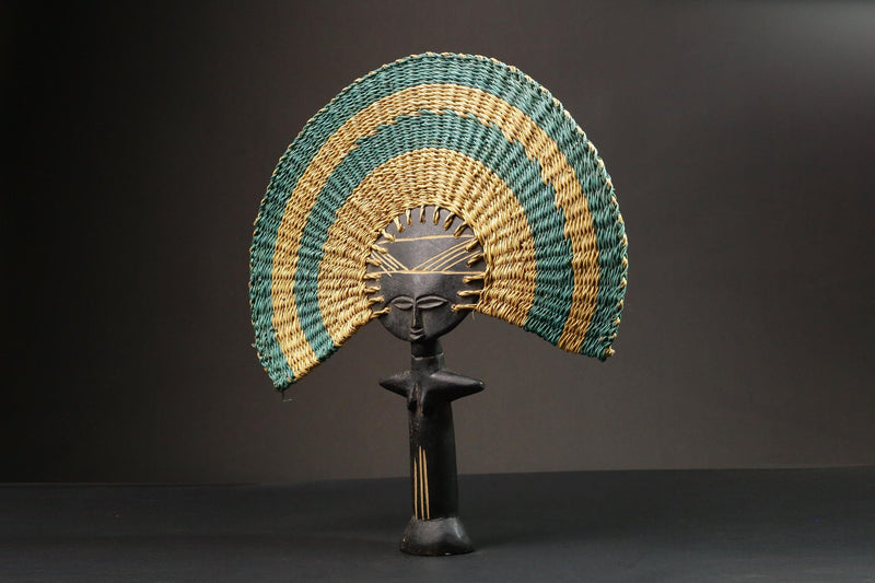 African Statue Colorful Handmade Rattan Fan Tribal Art Wooden Carved Statue-7653