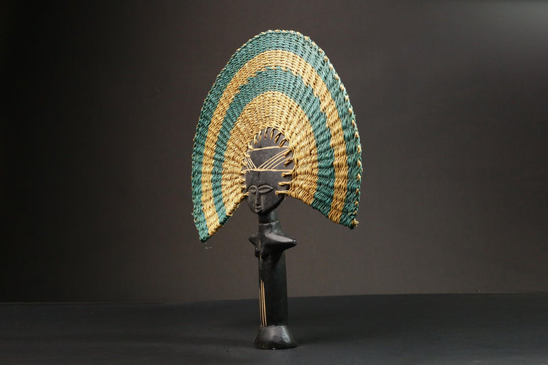 African Statue Colorful Handmade Rattan Fan Tribal Art Wooden Carved Statue-7653