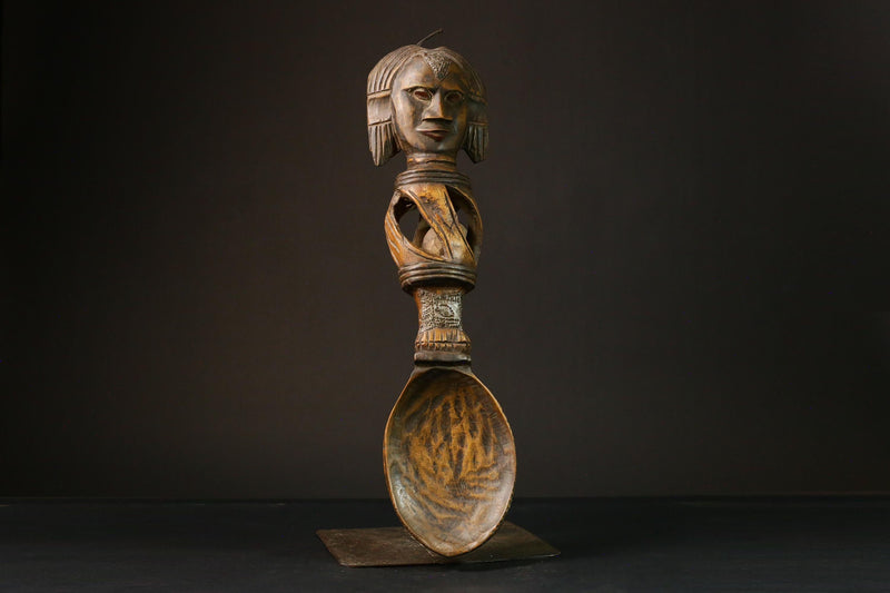 African primitive decor Ashanti Carved Spoon Unique Decorative Wooden Art Collectible Figure -G3208