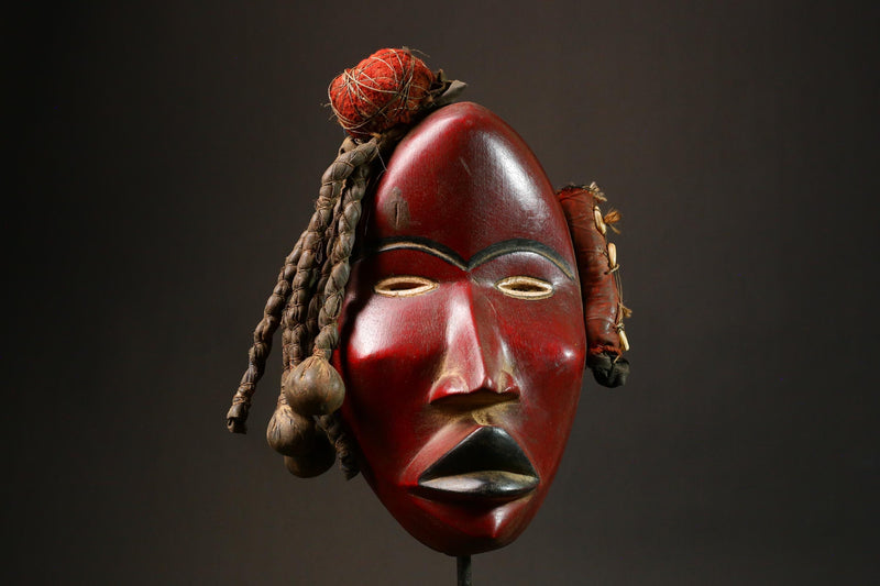 African Dan Racing Mask Red Authentic Tribal Art Round Eyes Collectible Unique Decor - G3246