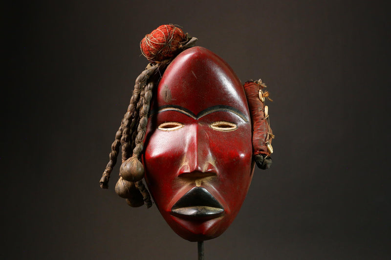 African Dan Racing Mask Red Authentic Tribal Art Round Eyes Collectible Unique Decor - G3246