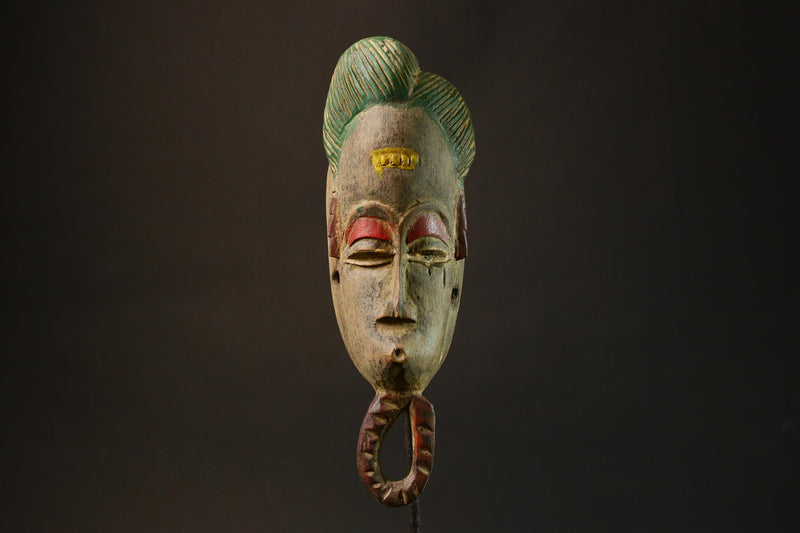 African Mask Tribal Face Vintage Wood Carved Baule Antique Hanging Art Piece with Powerful Presence-4690