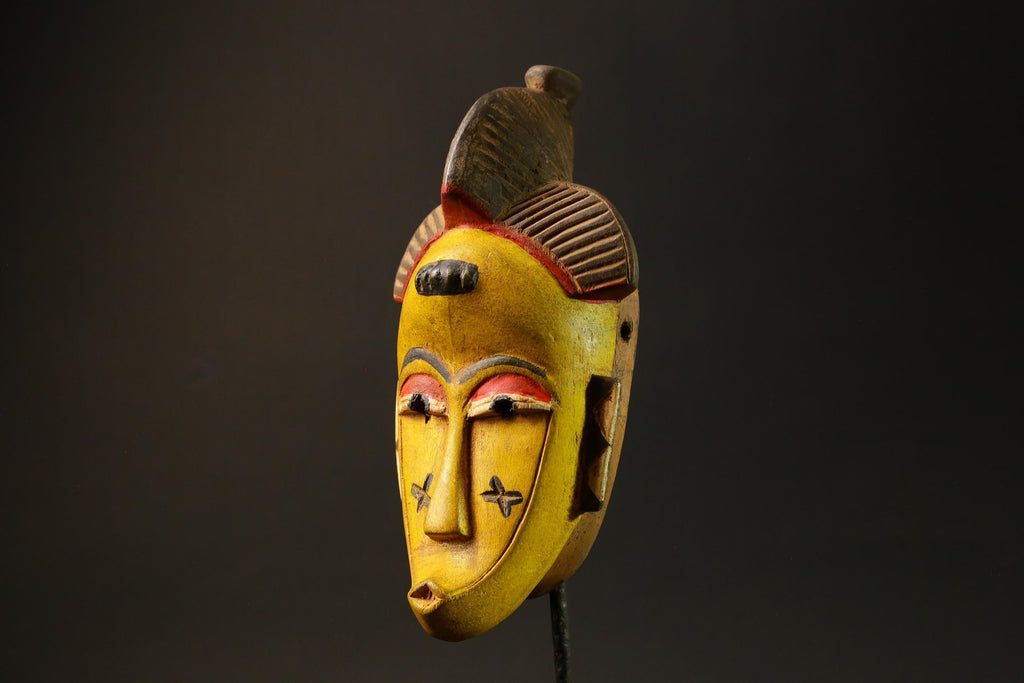 African Mask Yellow Wooden Baule Tribe Wall Hanging Art, Unique Décor Masks for wall-G3024