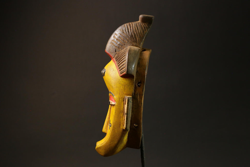 African Mask Yellow Wooden Baule Tribe Wall Hanging Art, Unique Décor Masks for wall-G3024