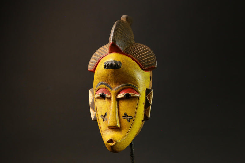 African Mask Yellow Wooden Baule Tribe Wall Hanging Art, Unique Décor Masks for wall-G3024