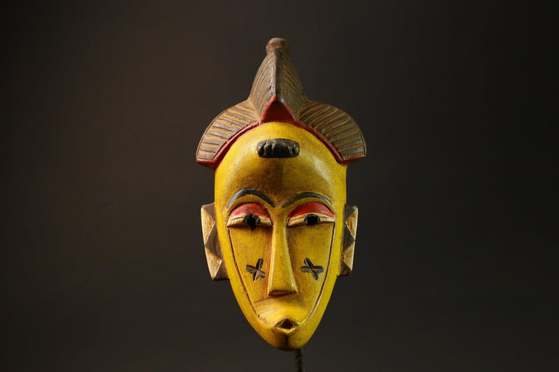 African Mask Yellow Wooden Baule Tribe Wall Hanging Art, Unique Décor Masks for wall-G3024