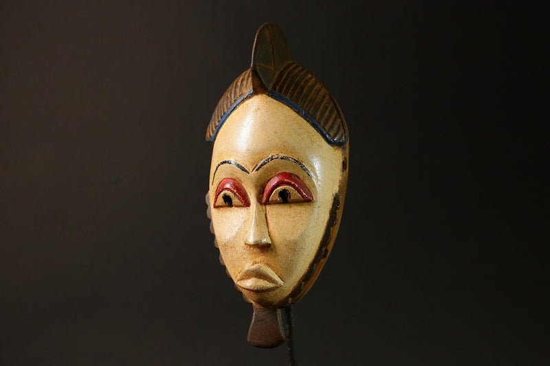 African Guro Baule Mask Hand-Carved Wood Portrait White Wall Hanging Decor-G3061