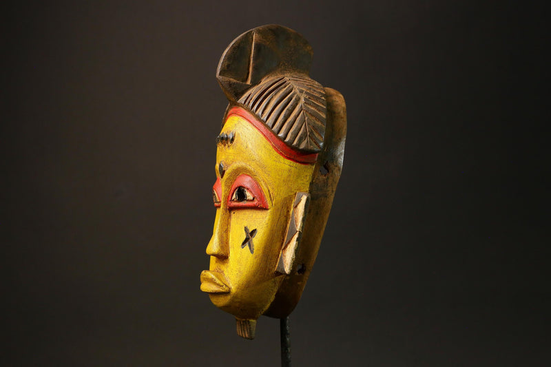 African Baule Mask Hand-Carved Yellow Wood Portrait Brown Hair Wall Decor-G3063