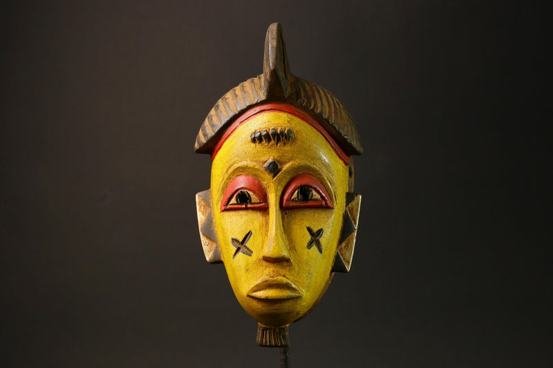 African Baule Mask Hand-Carved Yellow Wood Portrait Brown Hair Wall Decor-G3063