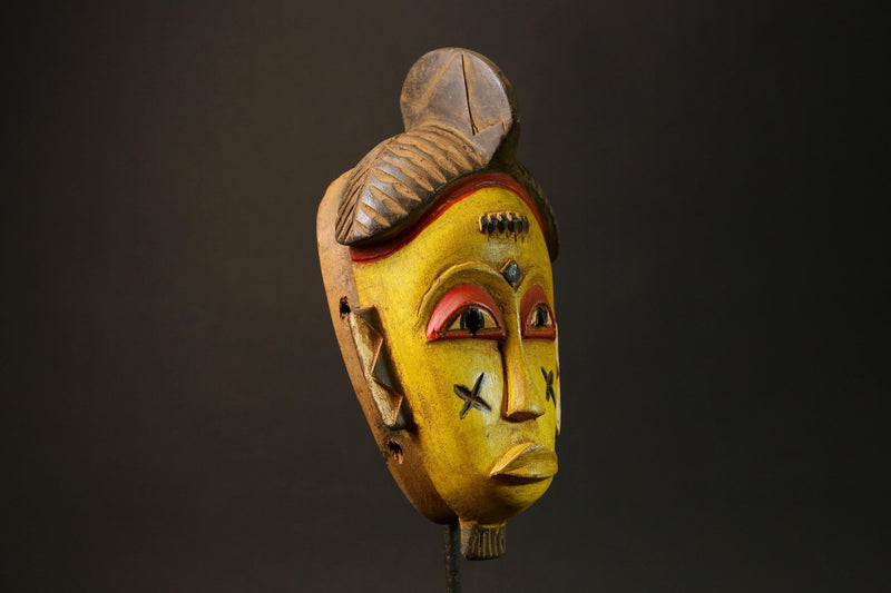 African Baule Mask Hand-Carved Yellow Wood Portrait Brown Hair Wall Decor-G3063