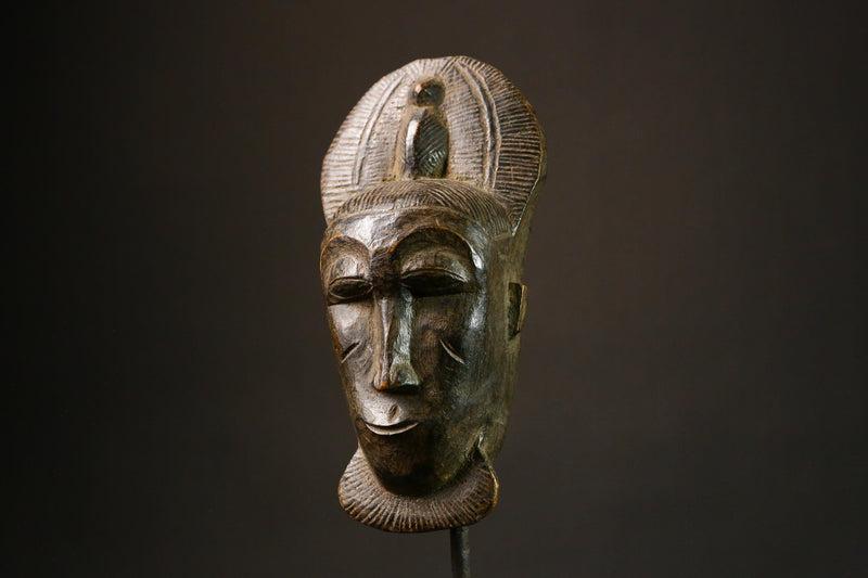 African Female Portrait Mask Handcrafted Antique Baule Art Dark Brown Decorative Wooden Mask Unique Home Decor Art Piece - G3287