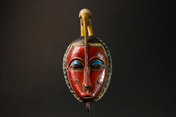 Antique African Red Wooden Mask Baule Tribe Wall Hanging with Bird Masks for wall-G3083