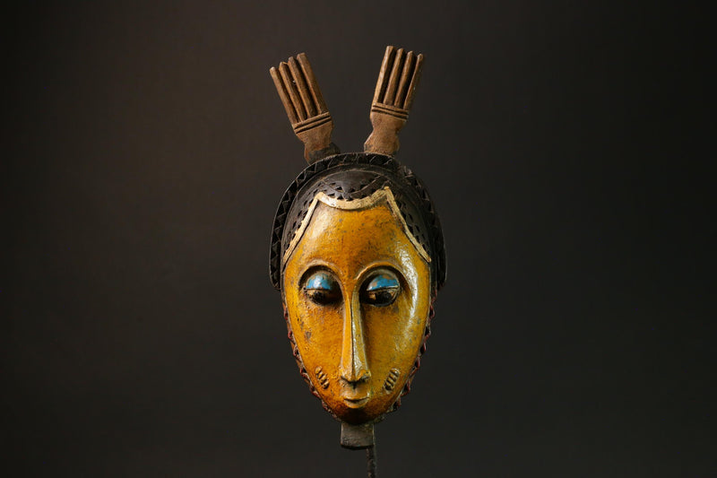 African Baule Antique Yellow African Wooden Mask Tribal Wall Hanging Decor-G3084