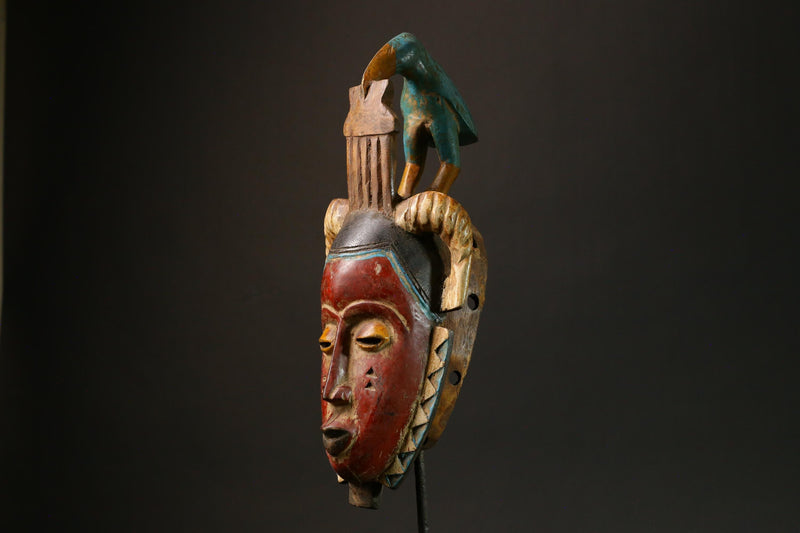 African Red Carved Wood Baule Mask - African Art Wall Hanging Home Decor-G3089