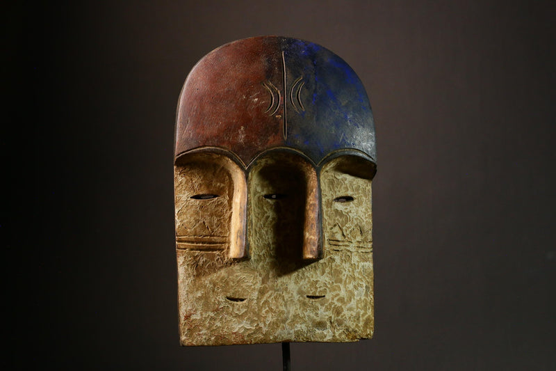 African mask Tribal Face Mask Wood Triple Lega Mask Unique Art from Congo Cultural Decor Ethnic Home Accent - 9326