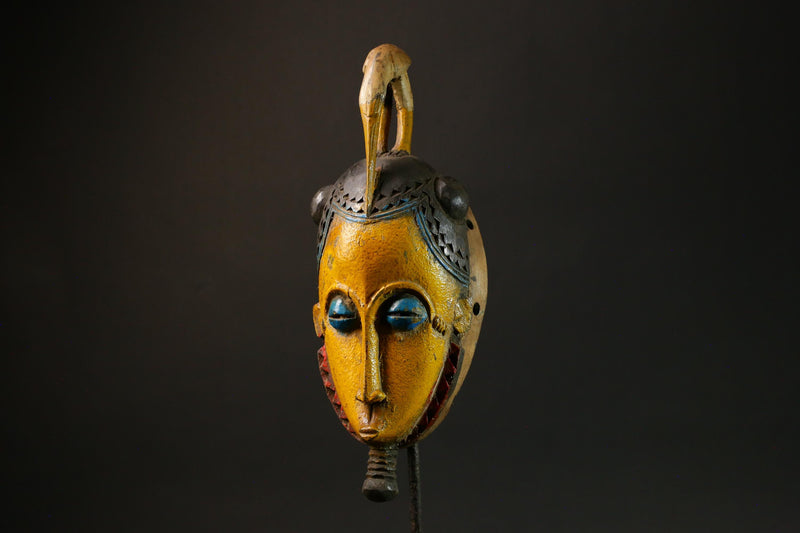 African Antique Yellow Baule Mask - Wall Hanging with Bird on Head Masks for wall-G3095