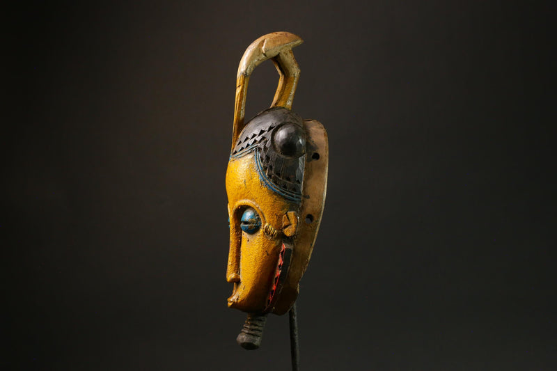 African Antique Yellow Baule Mask - Wall Hanging with Bird on Head Masks for wall-G3095