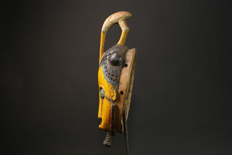 African Antique Yellow Baule Mask - Wall Hanging with Bird on Head Masks for wall-G3095