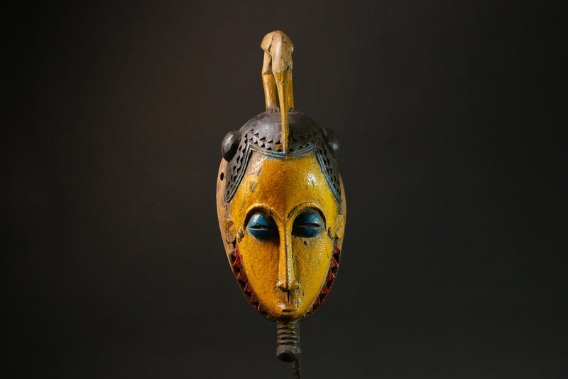 African Antique Yellow Baule Mask - Wall Hanging with Bird on Head Masks for wall-G3095