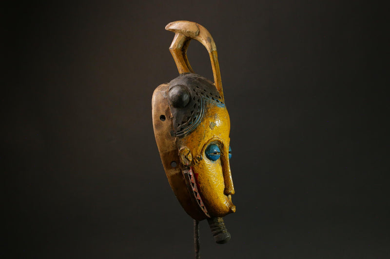 African Antique Yellow Baule Mask - Wall Hanging with Bird on Head Masks for wall-G3095