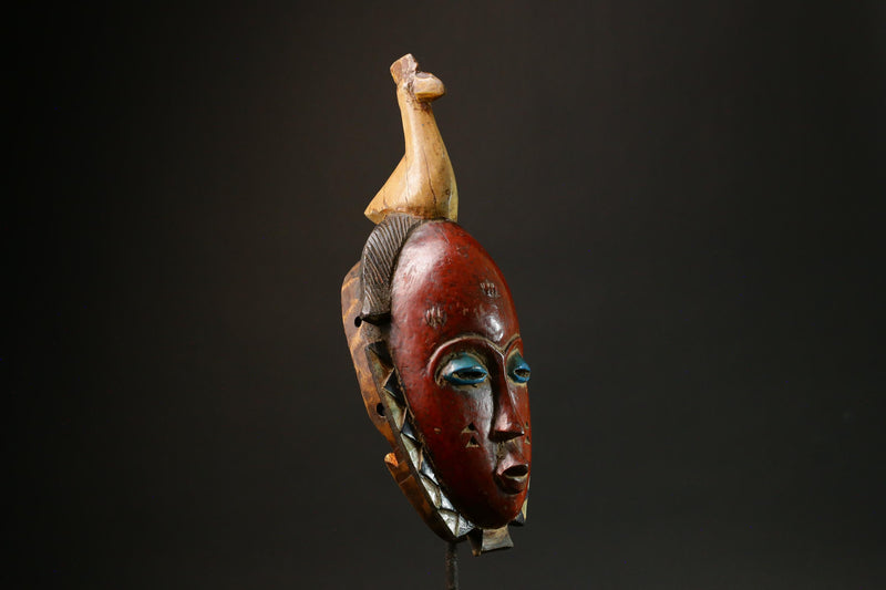 African Antique Red Baule Mask - Wall Hanging with Bird on Head Masks for wall-G3094