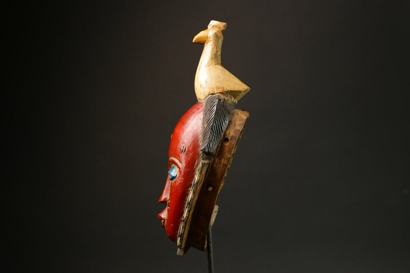 African Antique Red Baule Mask - Wall Hanging with Bird on Head Masks for wall-G3094