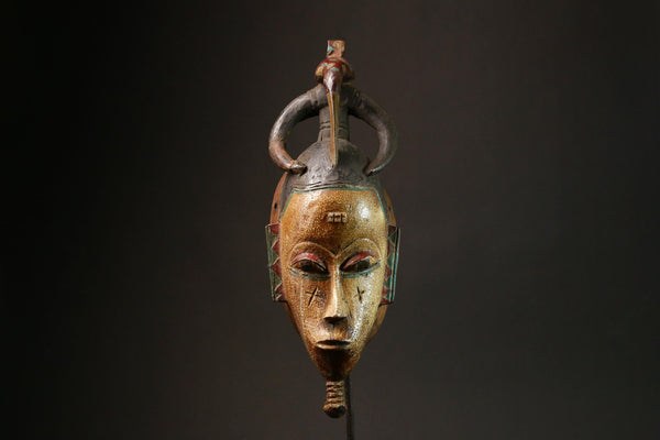 Antique African Baule Mask-Vintage Hand-Carved Wood Wall Hanging with Bird-G3117