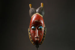 African Red Carved Wood Baule Mask-Wall Hanging Art with Unique Hair Style-G3119