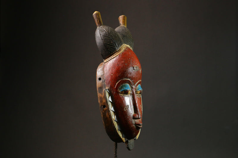 African Red Carved Wood Baule Mask-Wall Hanging Art with Unique Hair Style-G3119