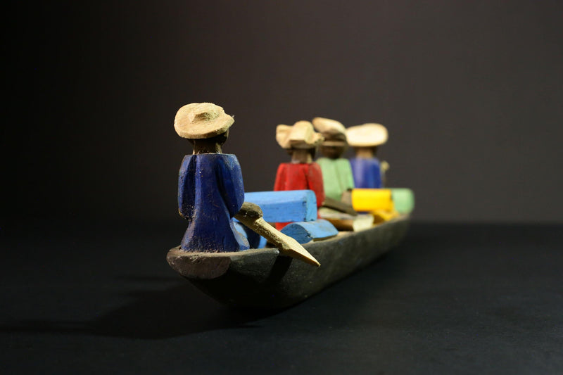 African Wooden Sculpture 4 Figures Handcrafted African Tribal Art - Wooden Boat Sculpture with Four Figures Decor -G1724