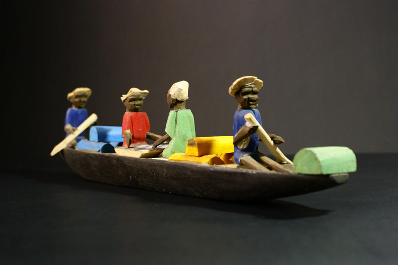 African Wooden Sculpture 4 Figures Handcrafted African Tribal Art - Wooden Boat Sculpture with Four Figures Decor -G1724