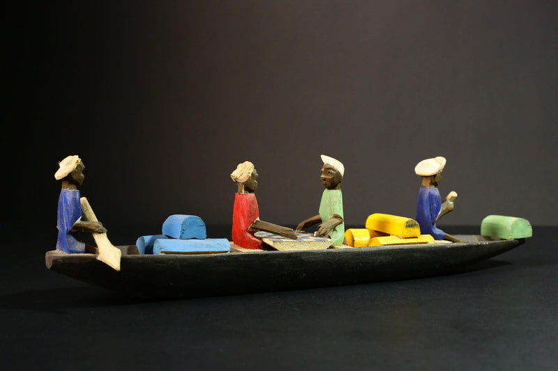 African Wooden Sculpture 4 Figures Handcrafted African Tribal Art - Wooden Boat Sculpture with Four Figures Decor -G1724